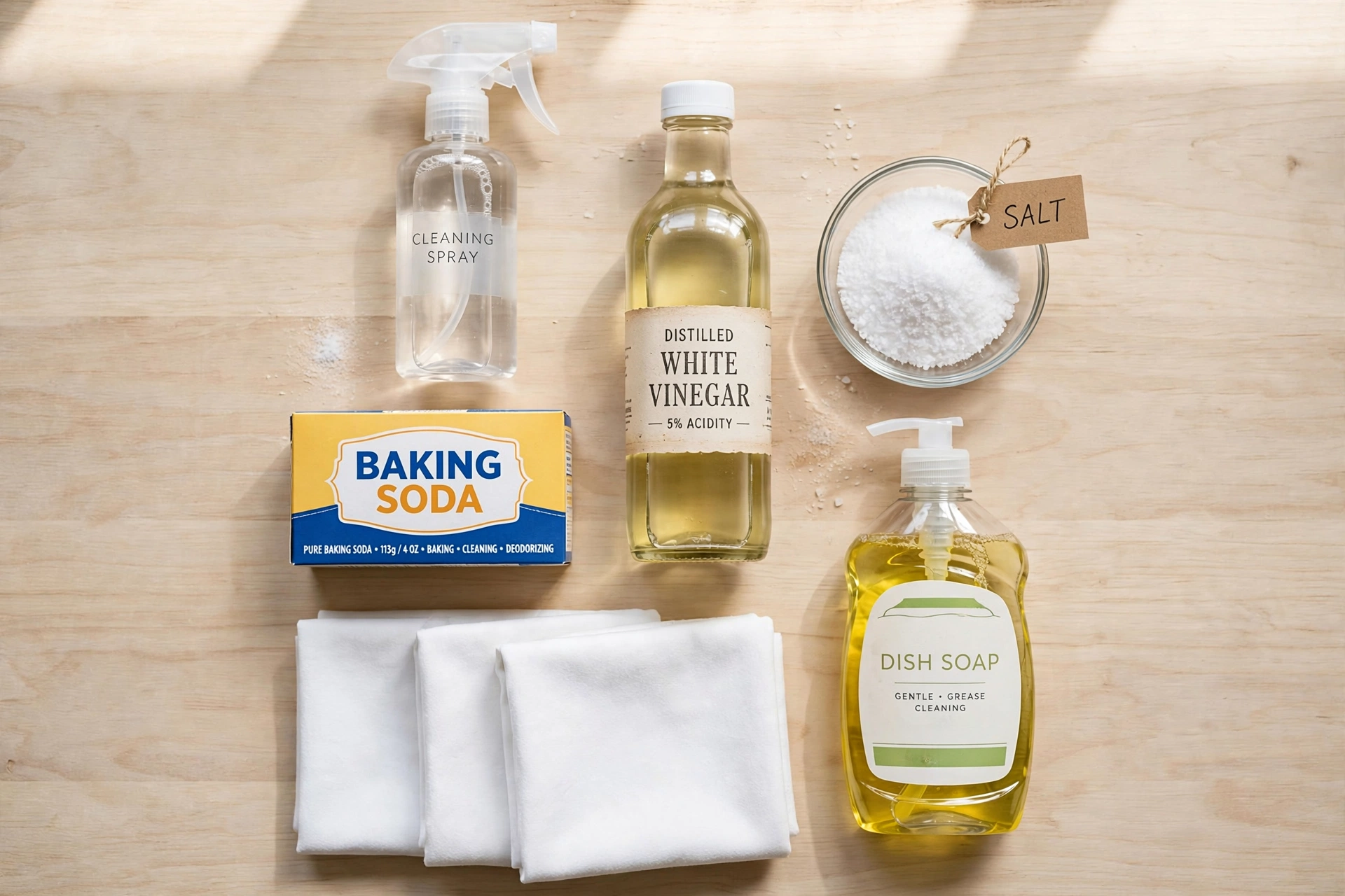 red wine stain removal supplies including vinegar baking soda and salt
