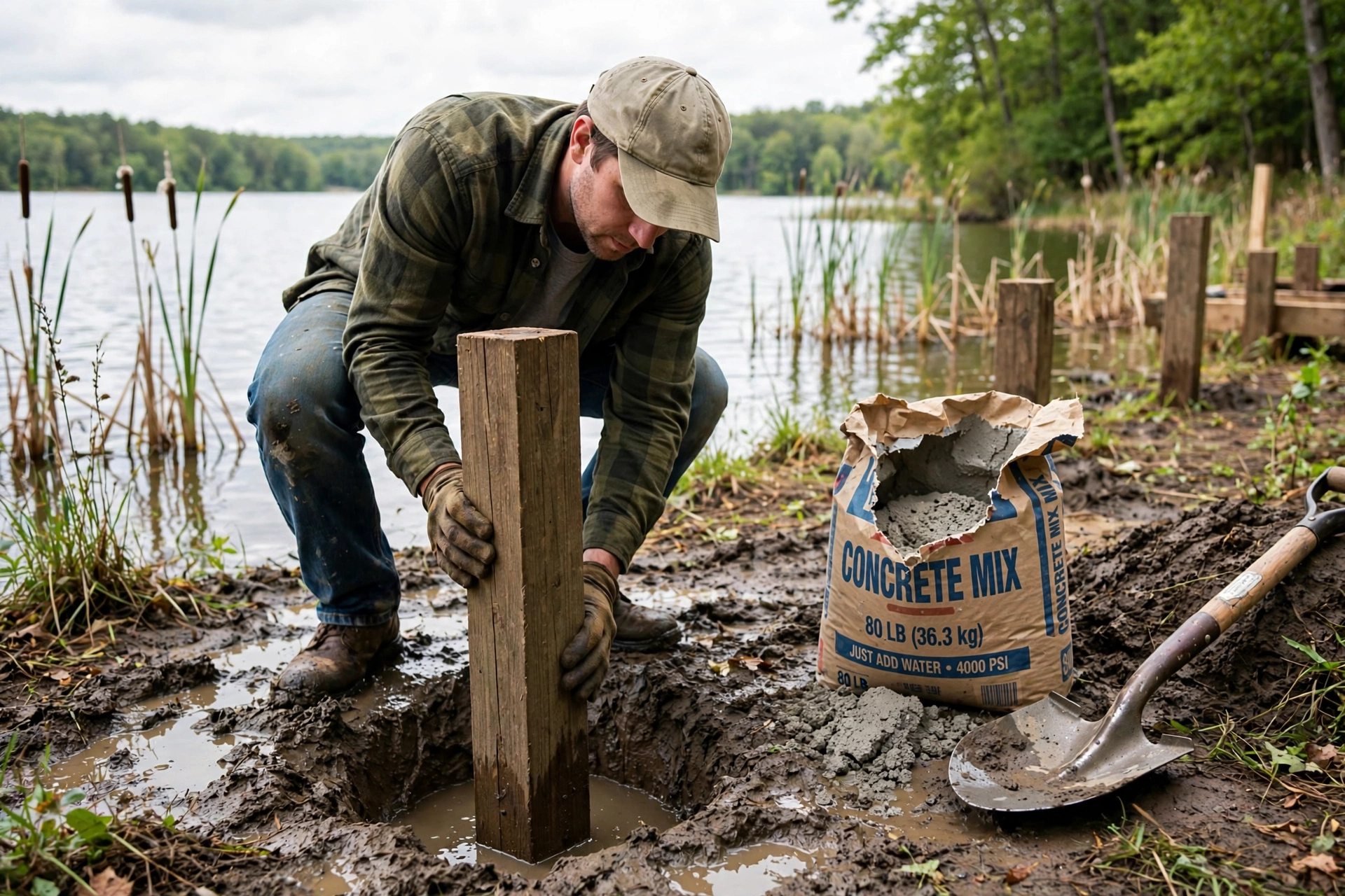 setting dock post with concrete in wet ground near water