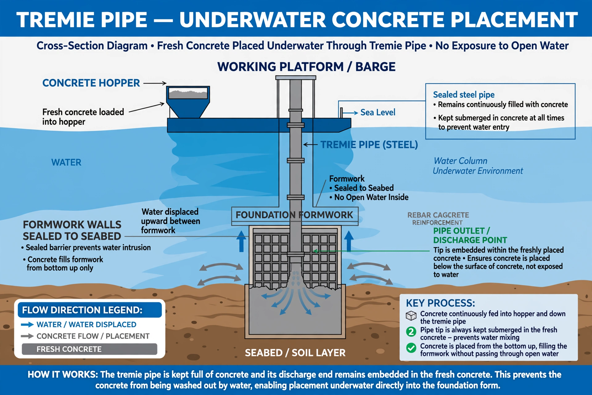 diagram of tremie pipe method for placing concrete underwater