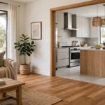 hardwood flooring transitioning into tile flooring in open concept home