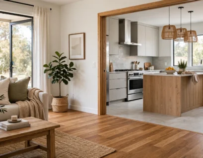 hardwood flooring transitioning into tile flooring in open concept home