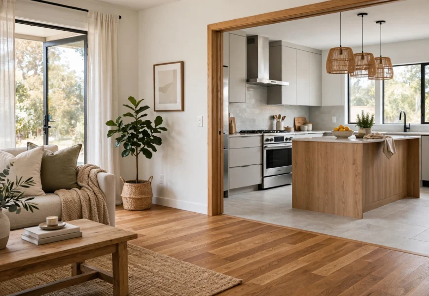 hardwood flooring transitioning into tile flooring in open concept home