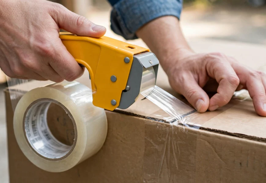 industrial clear tape sealing a cardboard moving box