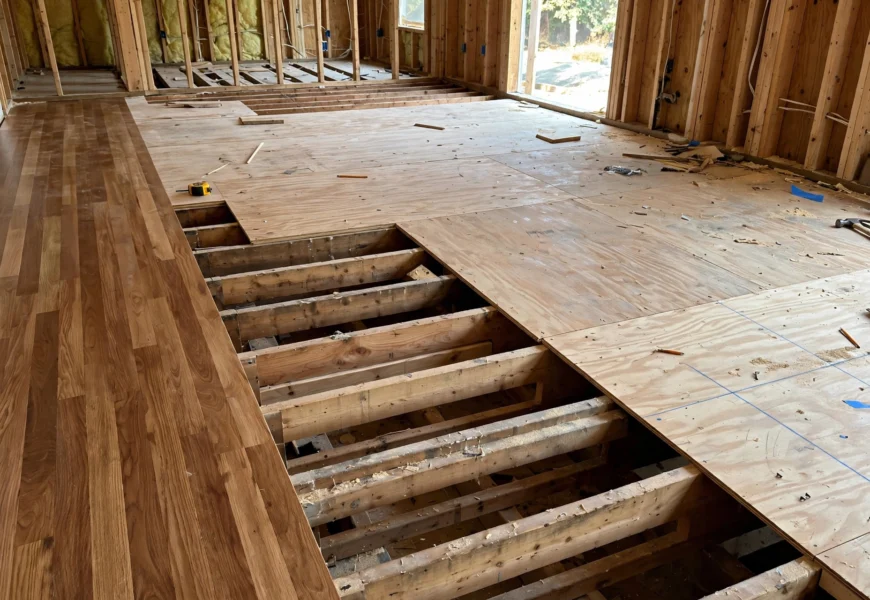 exposed plywood subfloor over floor joists next to finished hardwood flooring