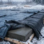 concrete slab covered with insulated blankets in cold weather
