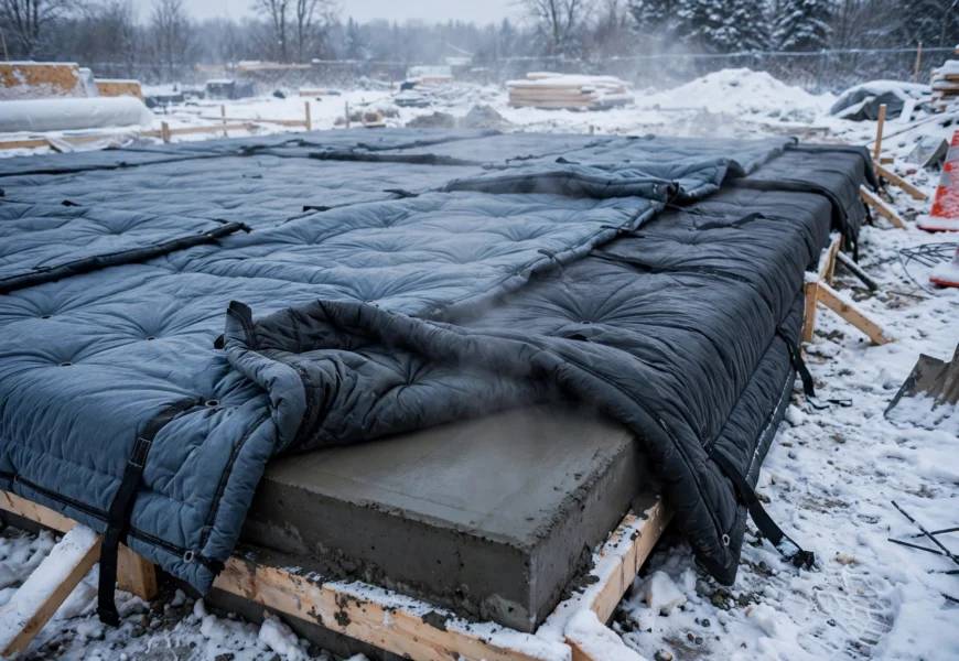 concrete slab covered with insulated blankets in cold weather