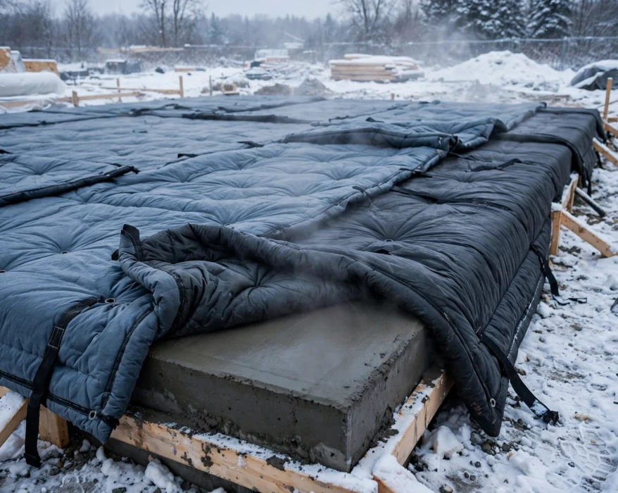 concrete slab covered with insulated blankets in cold weather