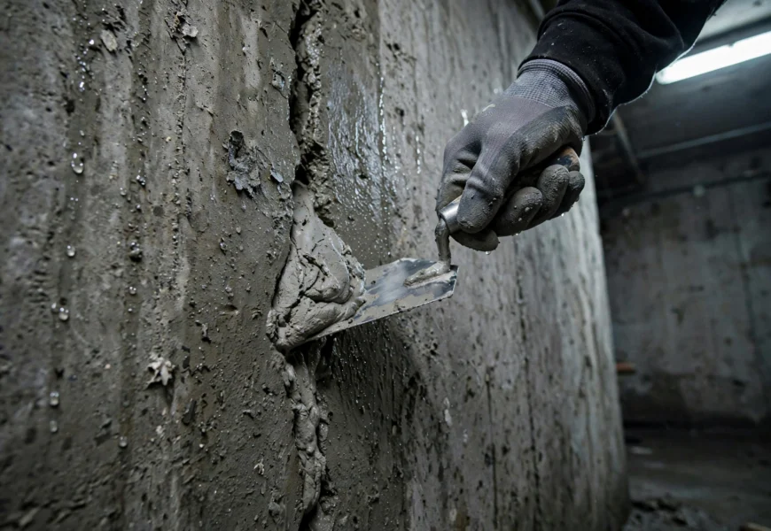 applying hydraulic cement to a crack in concrete wall