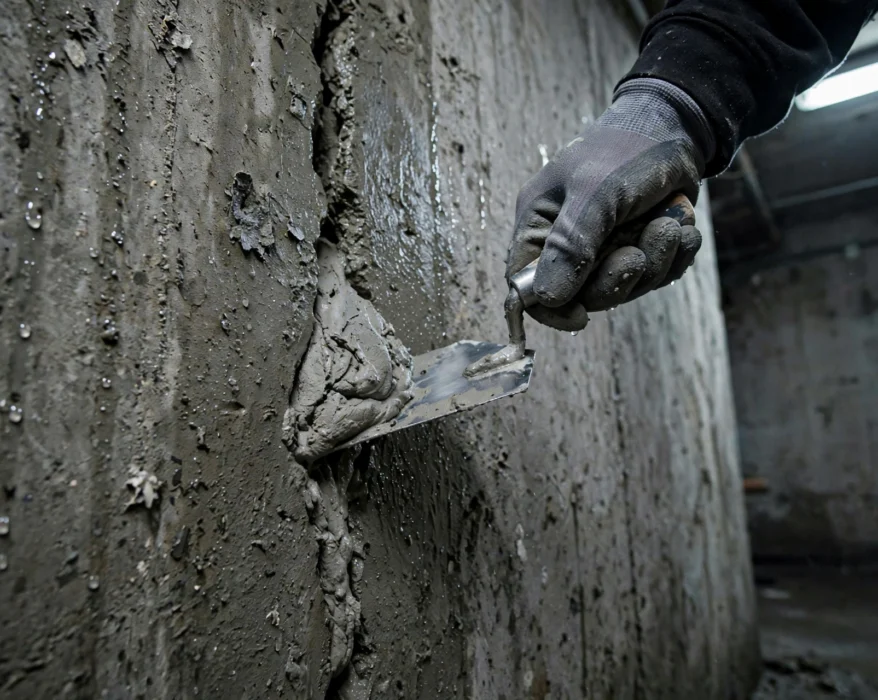 applying hydraulic cement to a crack in concrete wall