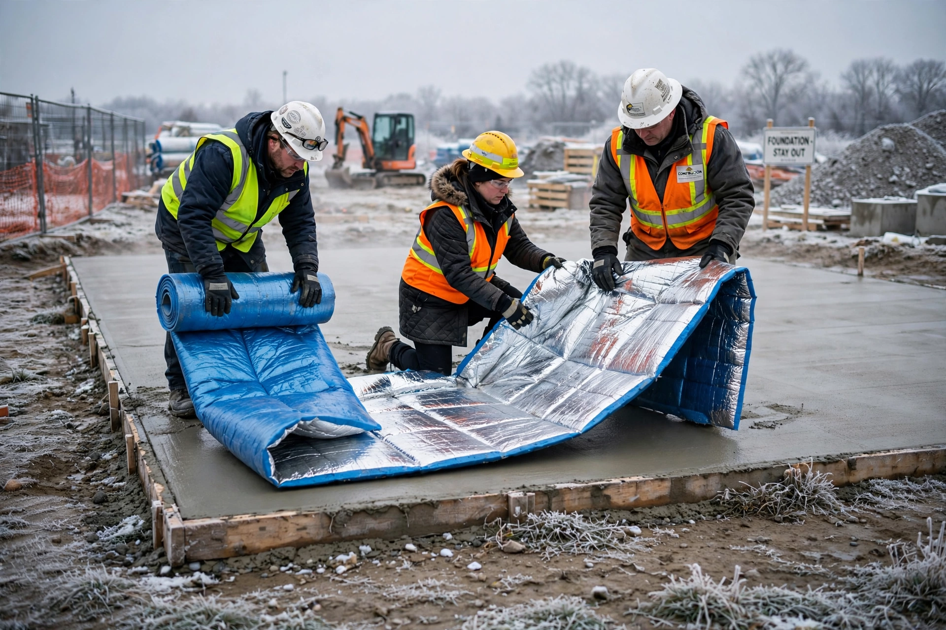 workers covering concrete slab with insulating blankets in winter