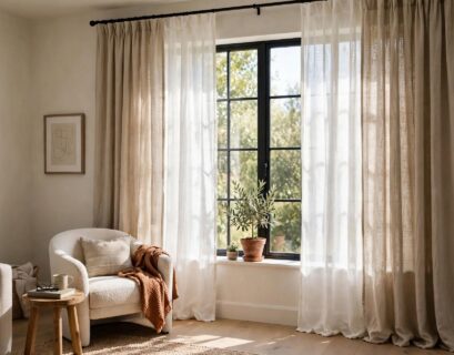 Living room window dressed with layered linen curtains
