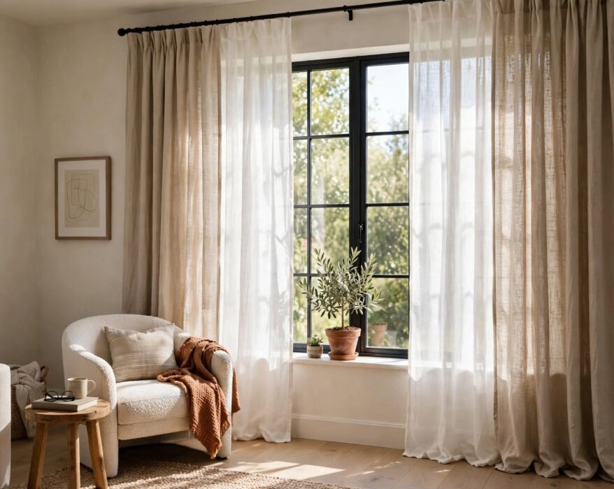 Living room window dressed with layered linen curtains