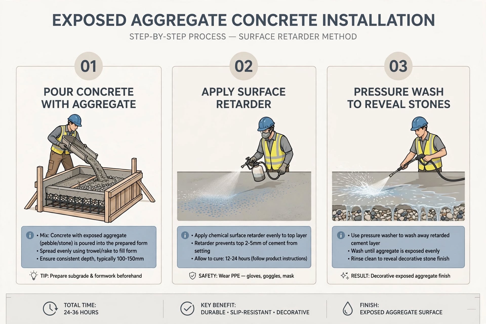 diagram showing steps to create exposed aggregate concrete finish