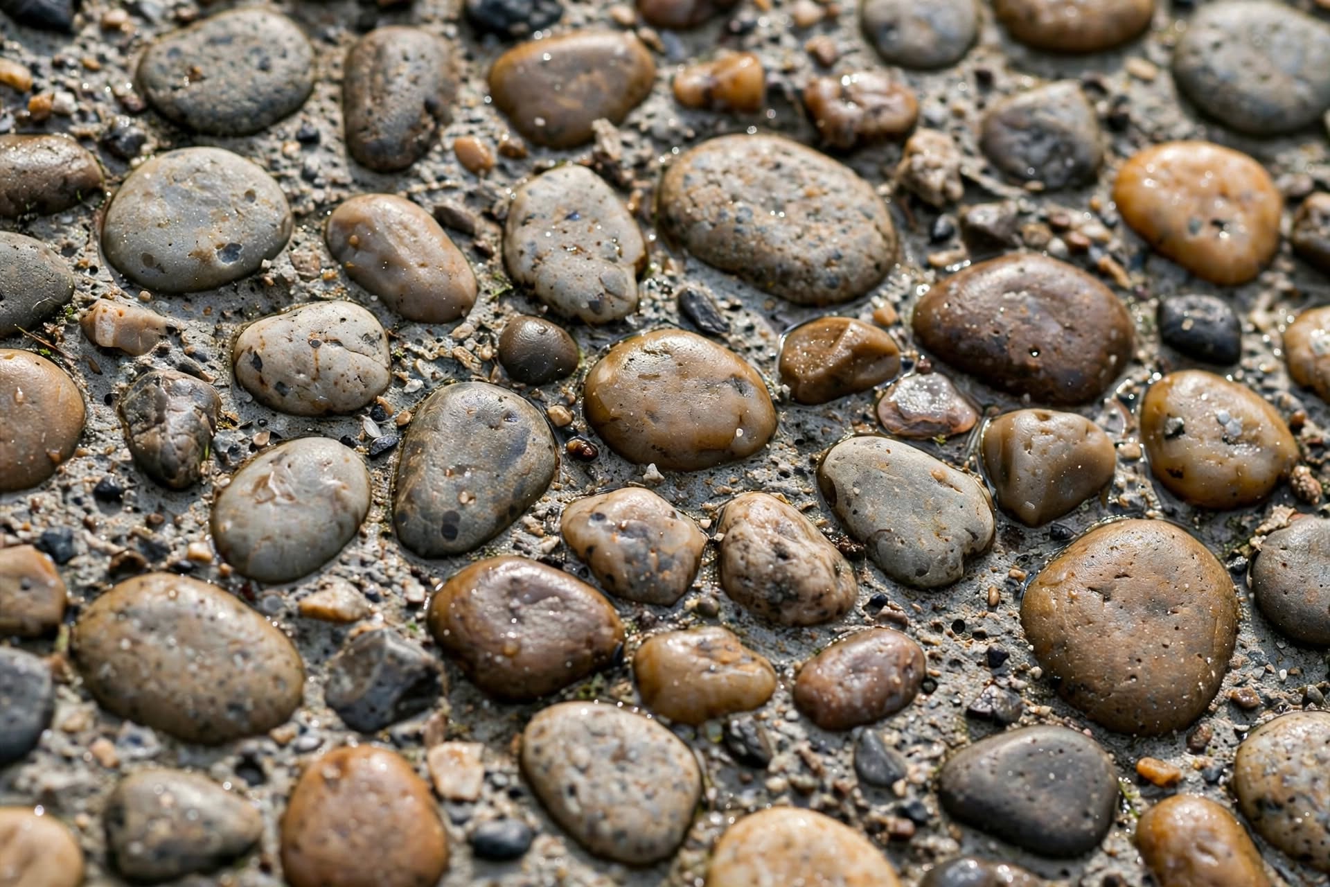 close up texture of exposed aggregate concrete with river stones
