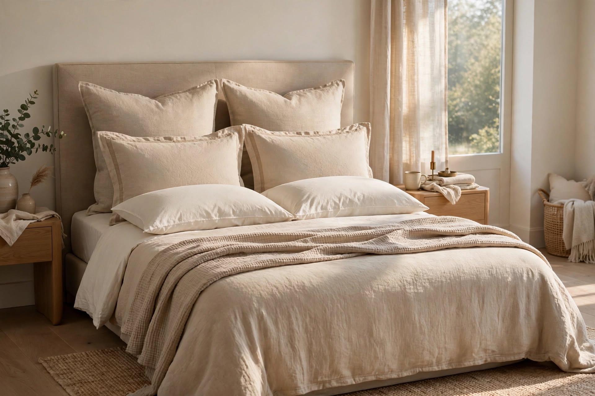 Layered bedroom styling with Euro shams, standard shams, and pillowcases arranged from back to front