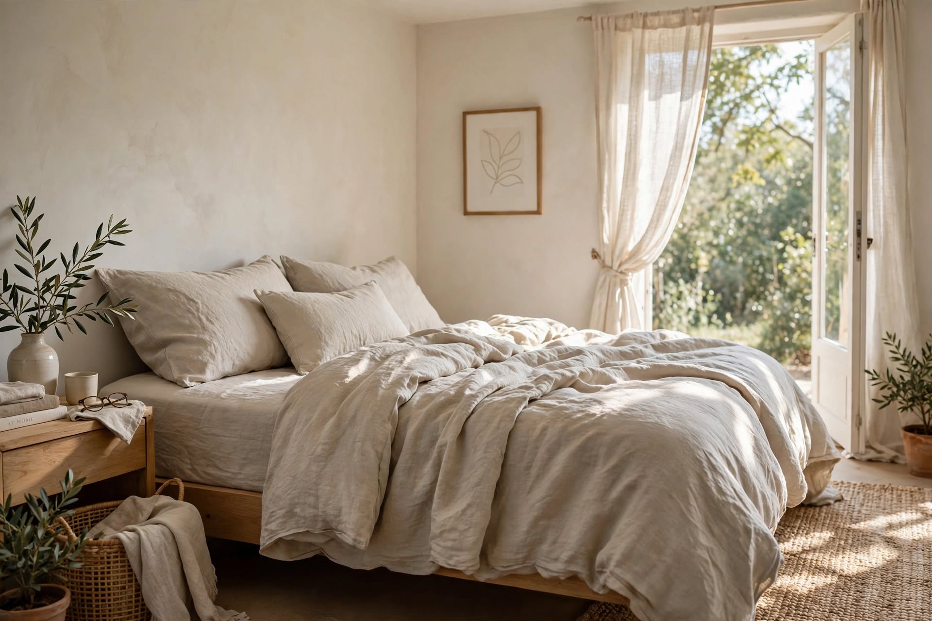 bedroom with relaxed wrinkled linen bedding