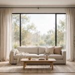 Living room with linen curtains hung high and wide on a black curtain rod