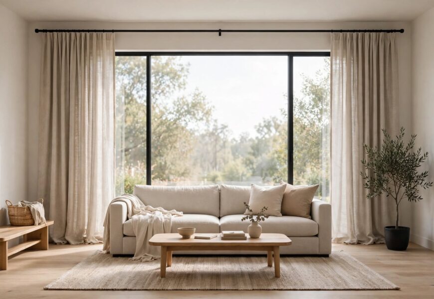 Living room with linen curtains hung high and wide on a black curtain rod