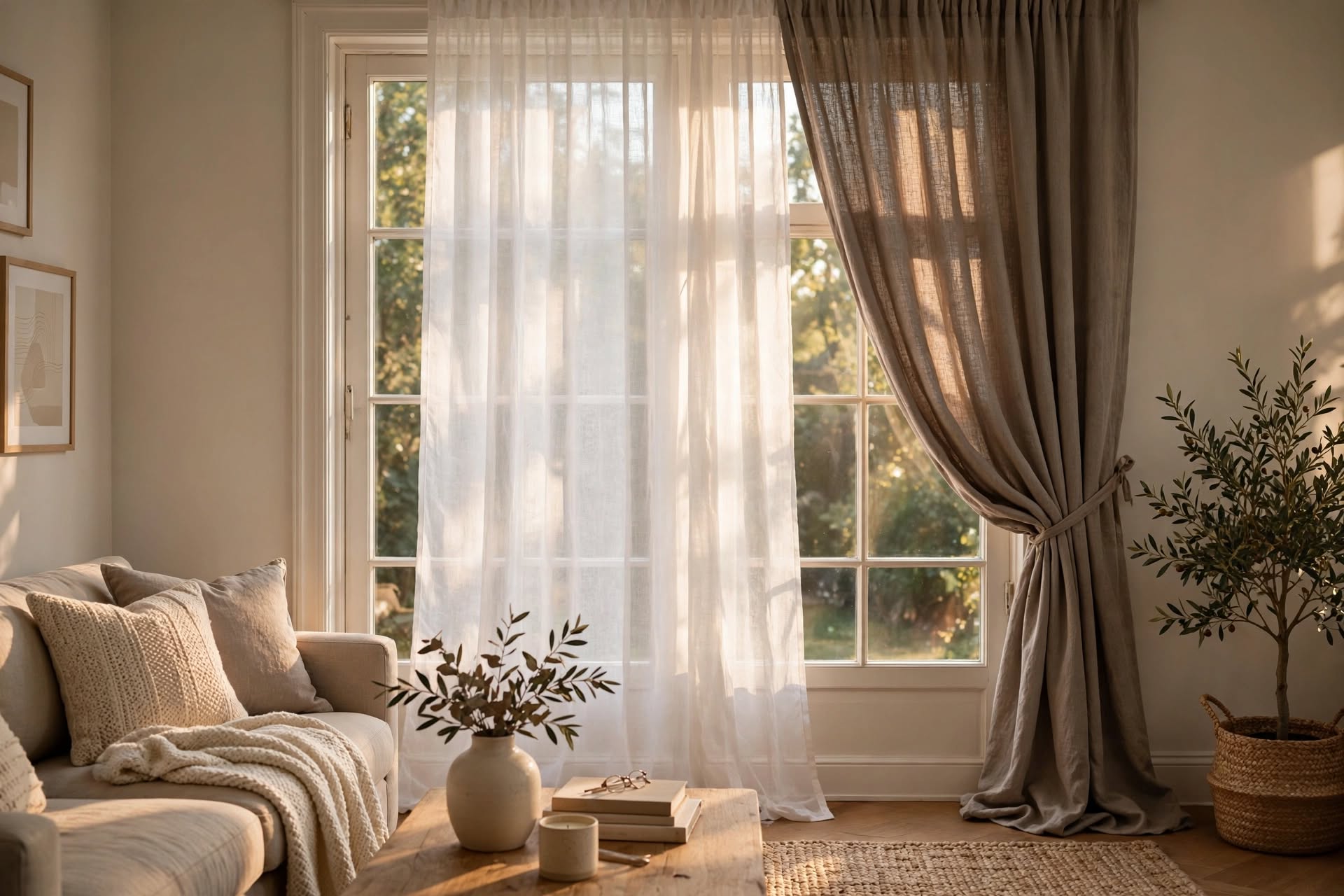 Living room window with layered sheer and heavier drape curtain panels