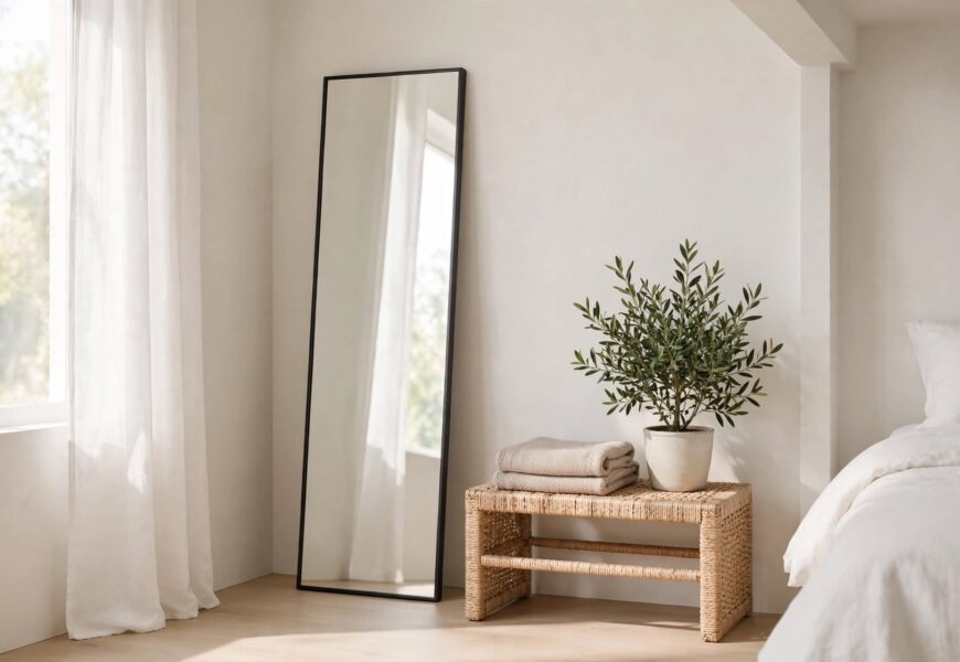 Tall thin-framed long mirror leaning against a bedroom wall