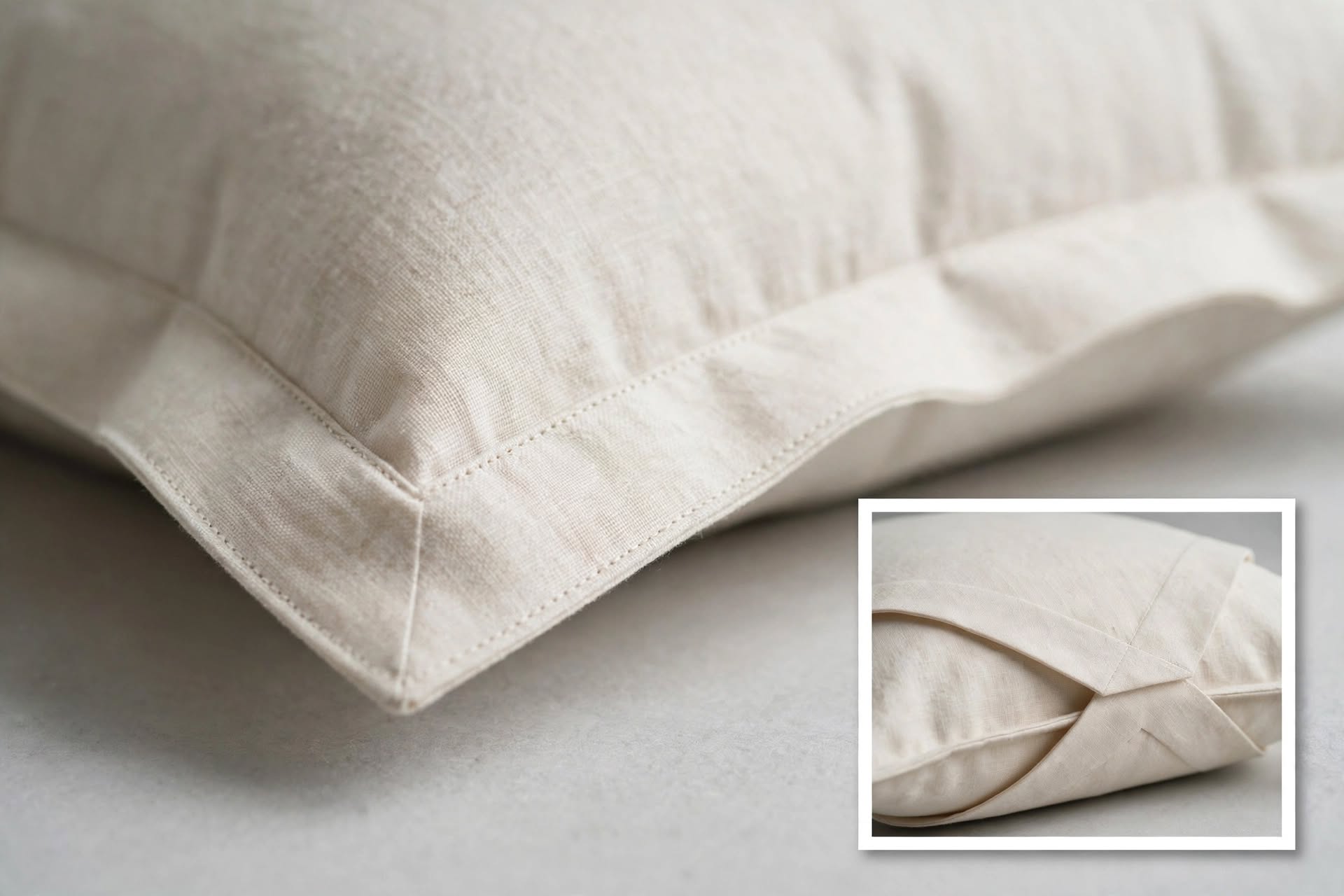Close-up of a pillow sham's flanged border and back envelope closure