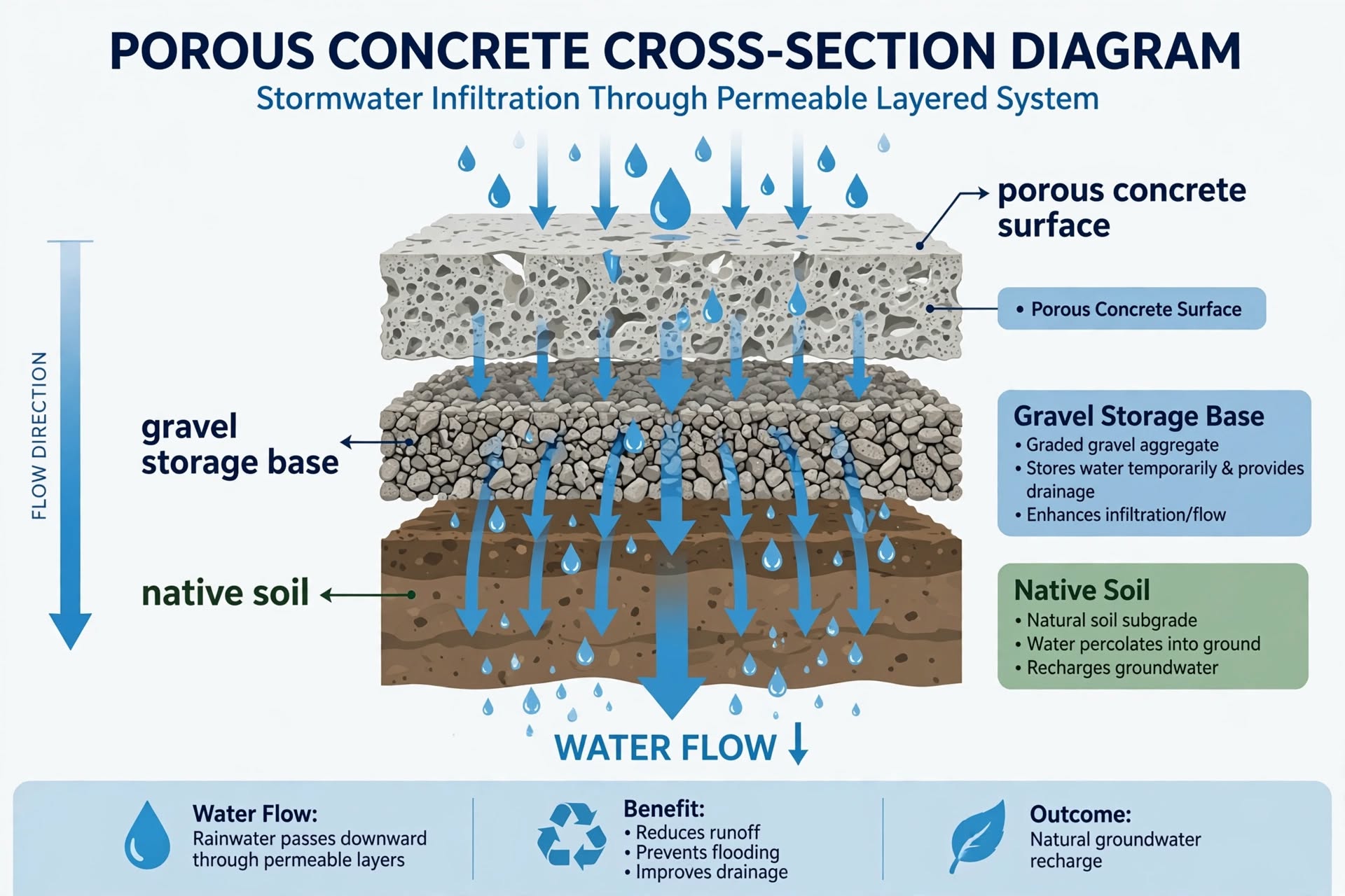 diagram of porous concrete drainage layers from surface to soil