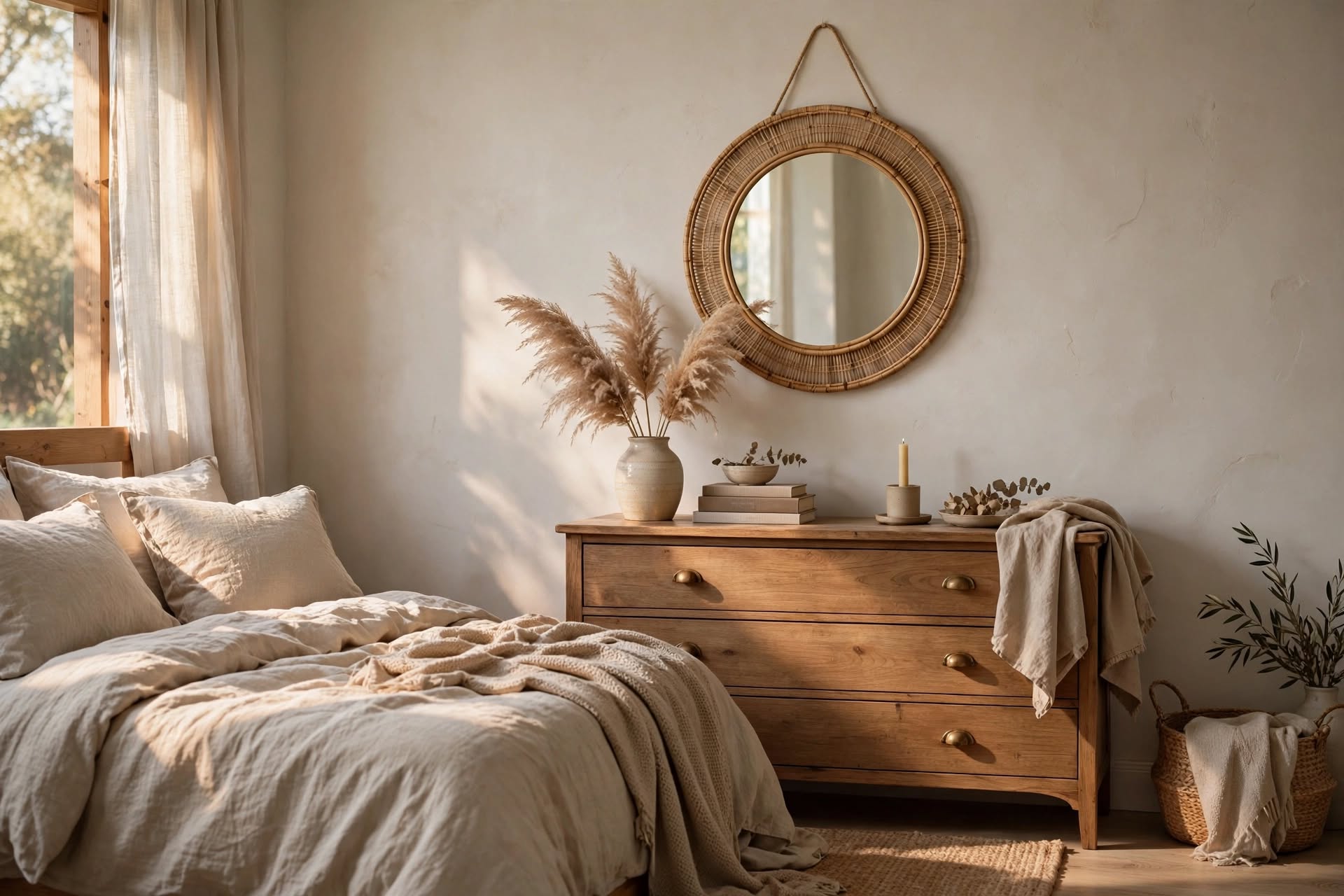 Round mirror with rattan frame decorating a bedroom dresser