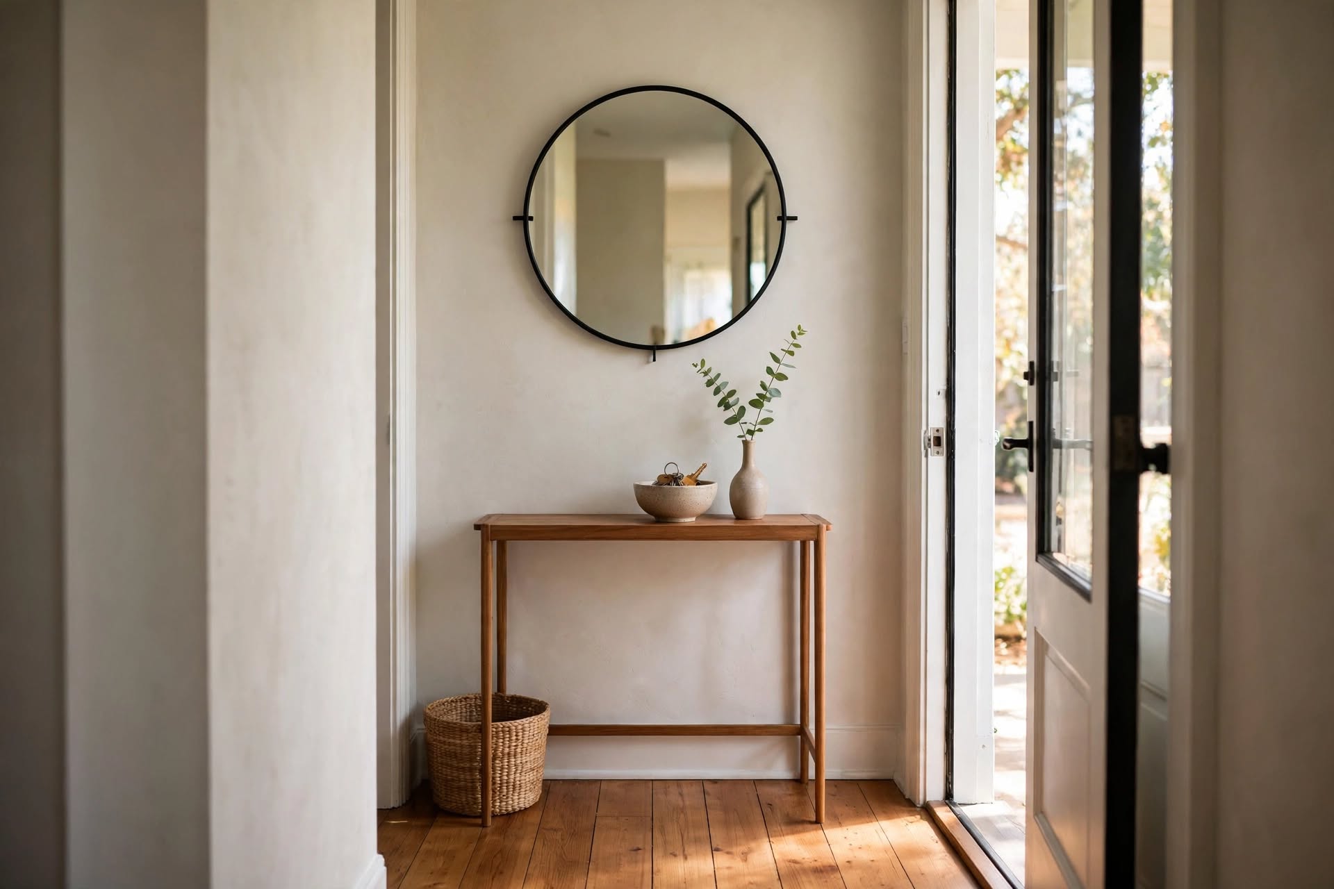 Black-framed round mirror decorating an entryway console