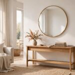 Large round mirror with brass frame decorated above a console table in a living room