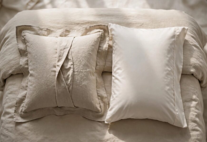 Side-by-side comparison of a bordered pillow sham and a plain pillowcase on a neatly made bed