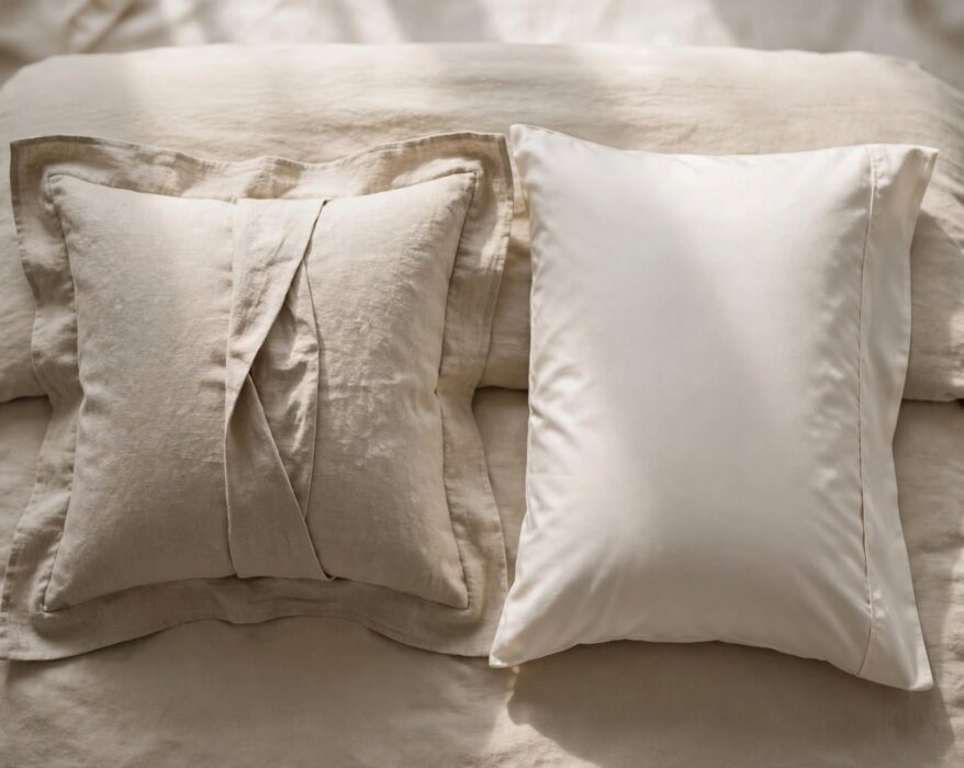 Side-by-side comparison of a bordered pillow sham and a plain pillowcase on a neatly made bed