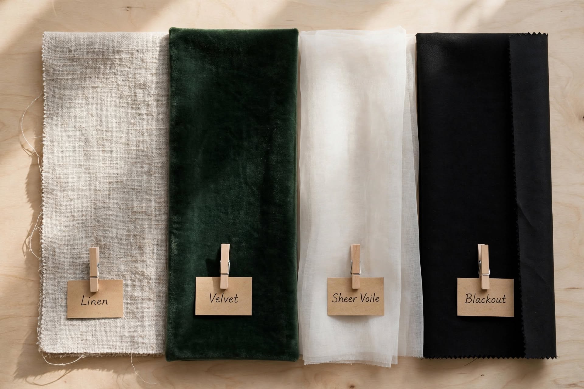 Linen, velvet, sheer, and blackout curtain fabric swatches laid side by side