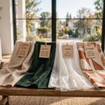 Different curtain fabric swatches displayed in front of a window