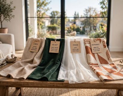Different curtain fabric swatches displayed in front of a window