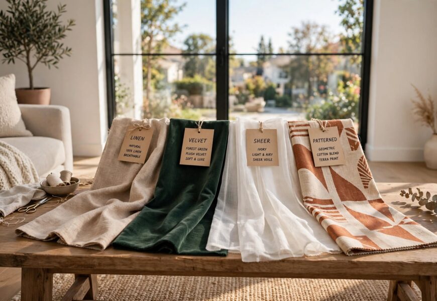 Different curtain fabric swatches displayed in front of a window
