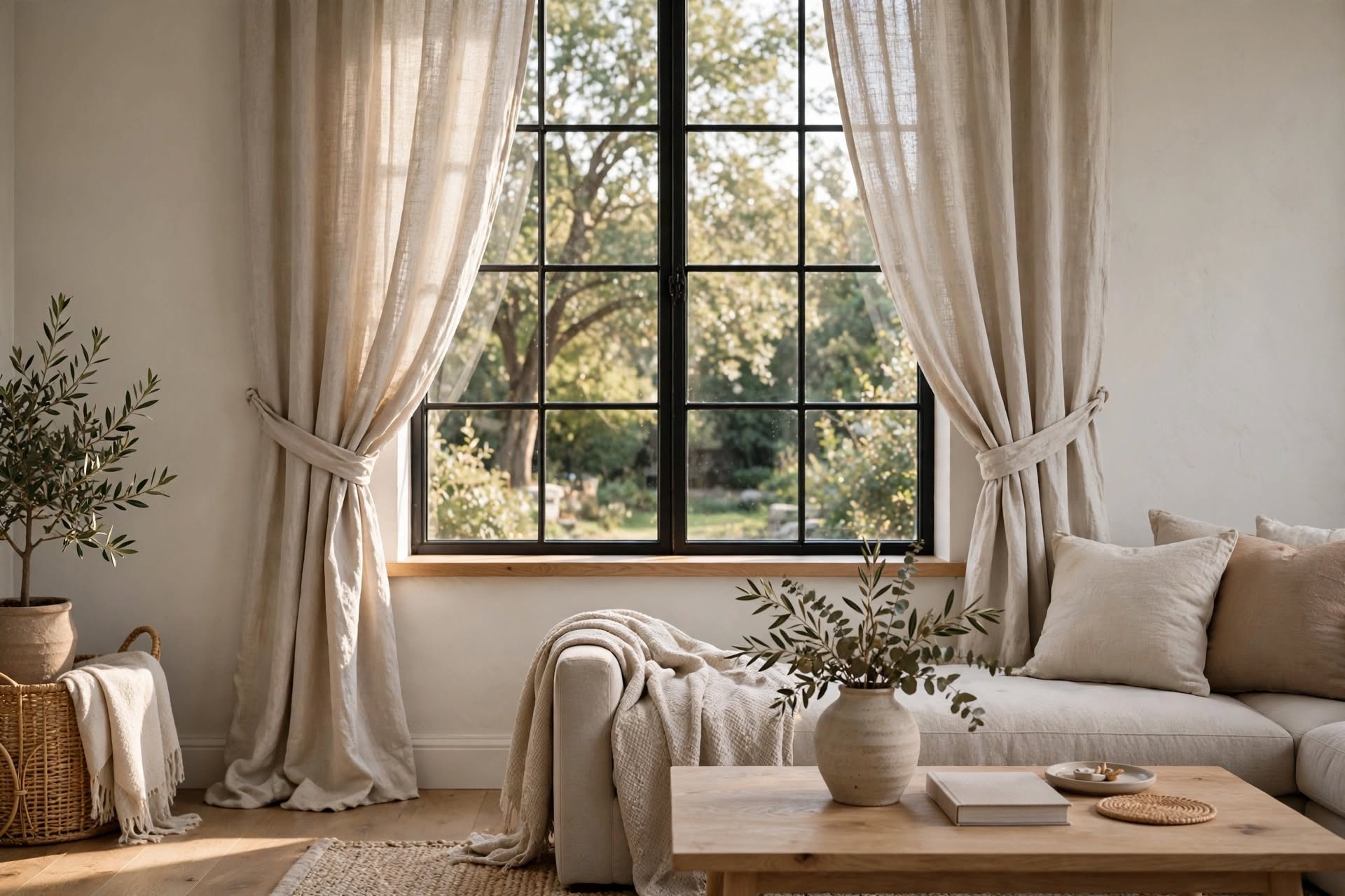 Linen panel pair curtains held open with tiebacks on a living room window