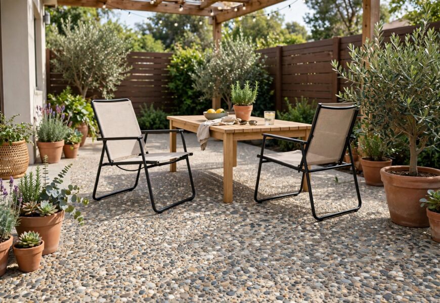 patio with exposed aggregate concrete pebble finish